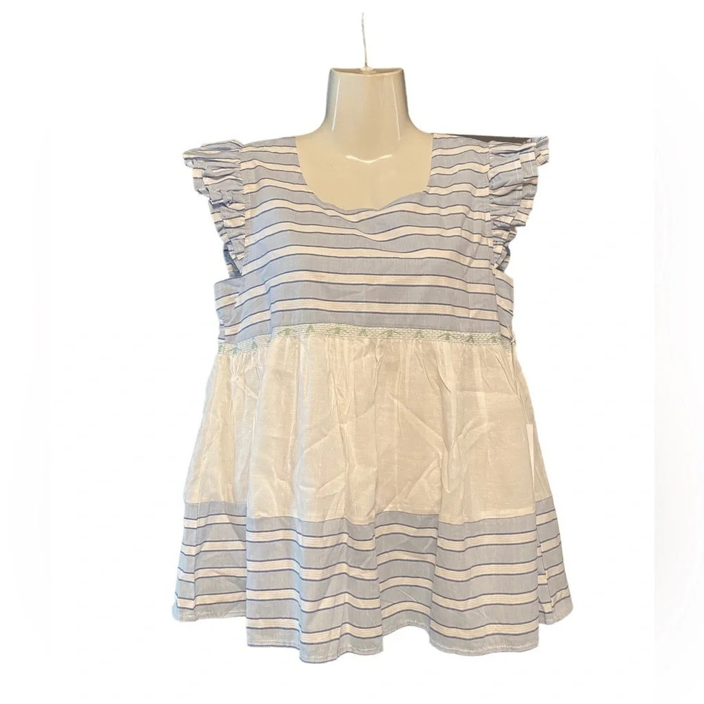 NWT J. Marie Blue and White Smocking Detail Baby Doll Top
